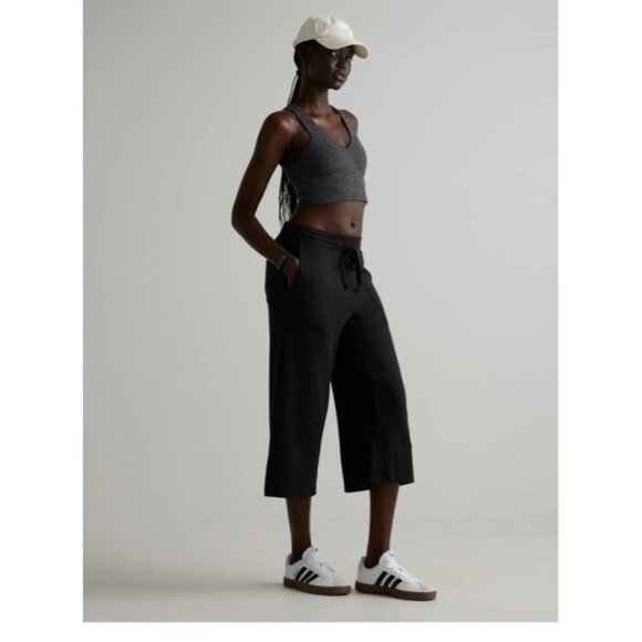 QUINCE wide leg pants cropped super soft drawstring fleece tencel black M - Picture 1 of 10